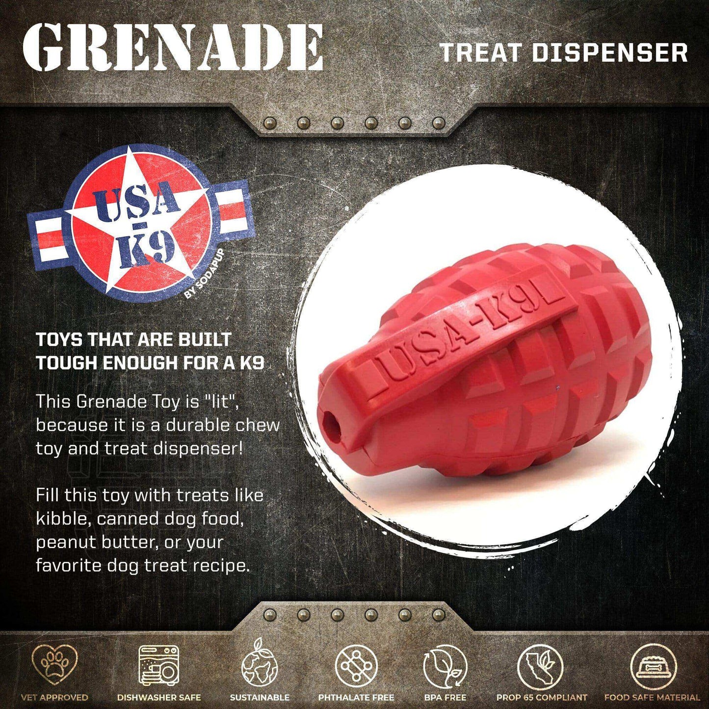 USA-K9 Grenade eDispenser Durable Rubber Chew Toy & Treat Dispenser - red - Skoutley Outdoors LLC