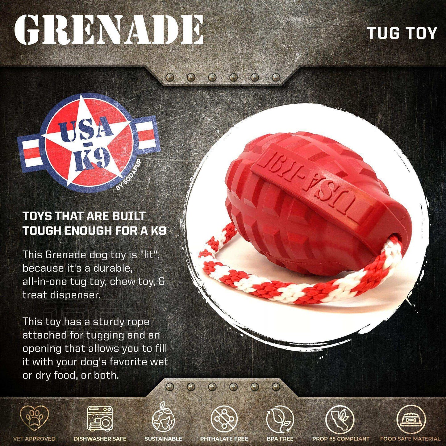 USA-K9 Grenade Durable Rubber Chew Toy, Treat Dispenser, Reward Toy, Tug Toy, and Retrieving Toy - Skoutley Outdoors LLC