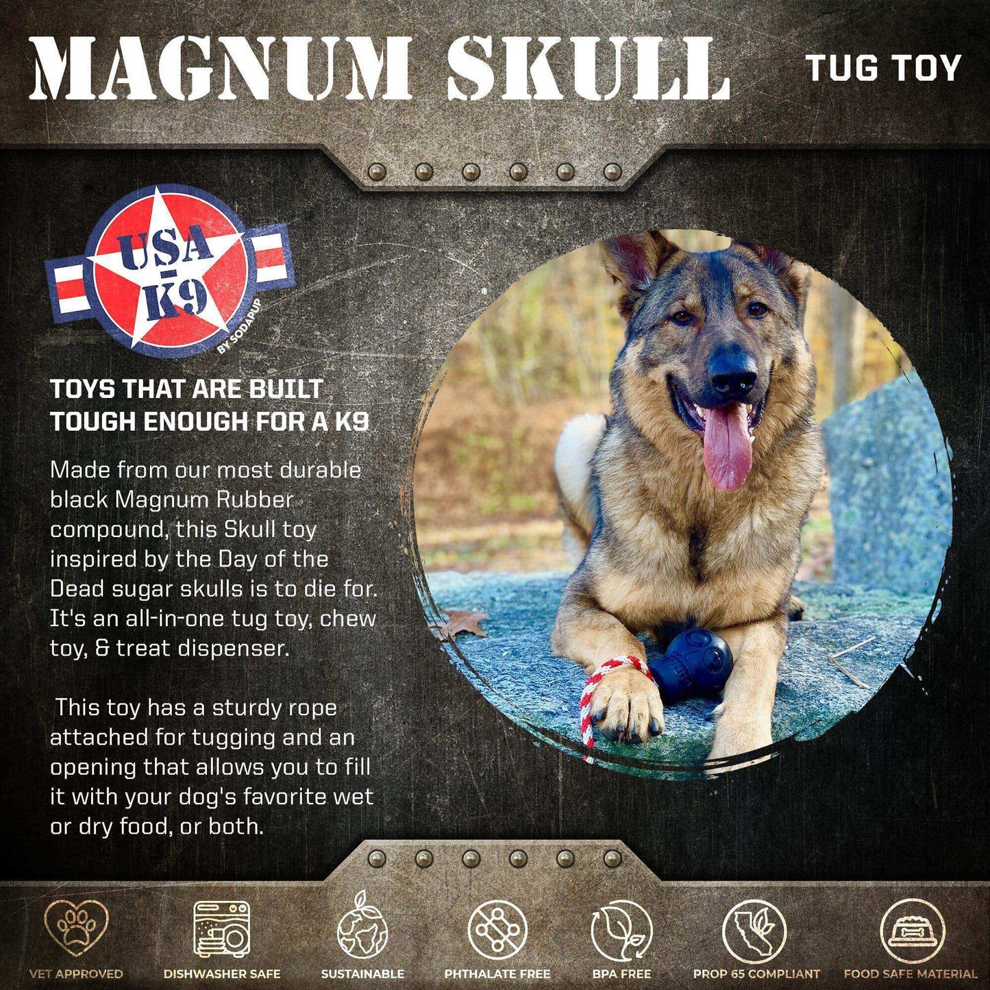 USA-K9 Magnum Skull Durable Rubber Chew Toy, Treat Dispenser, Reward Toy, Tug Toy, and Retrieving Toy - Black Magnum - Skoutley Outdoors LLC