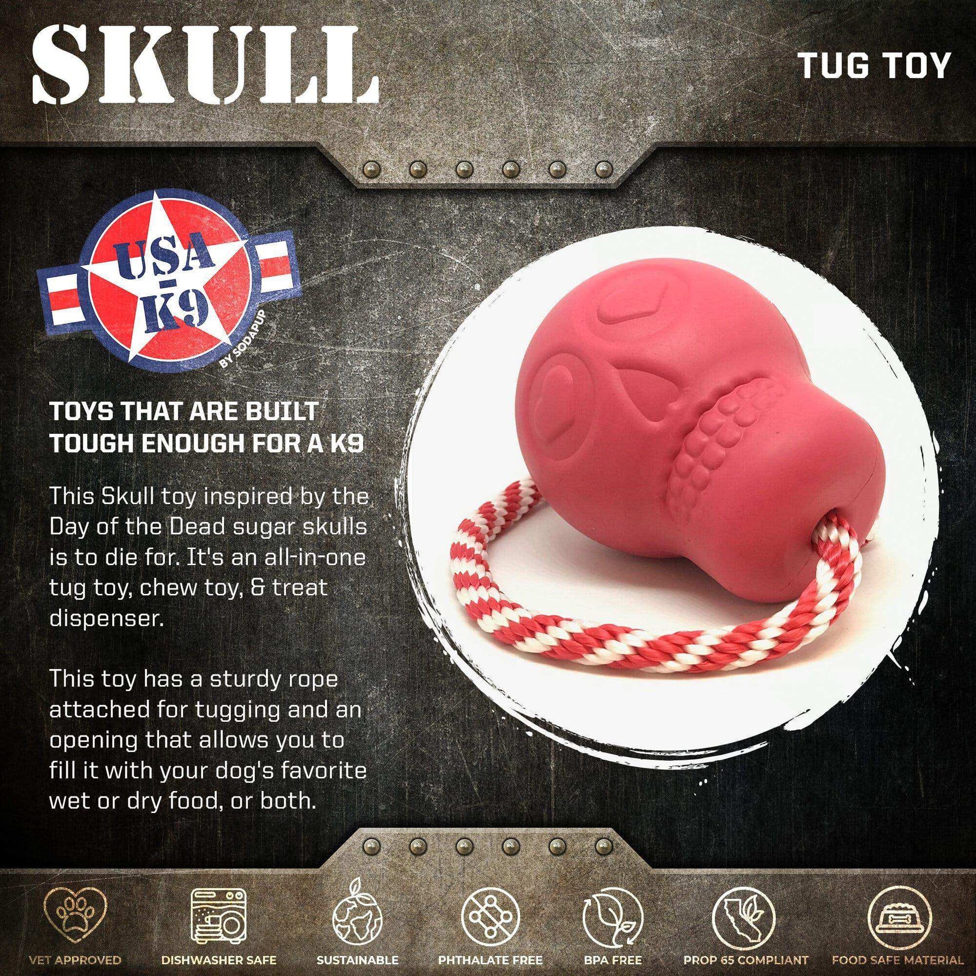 USA-K9 Skull Durable Rubber Chew Toy, Treat Dispenser, Reward Toy, Tug Toy, and Retrieving Toy - Pink - Skoutley Outdoors LLC