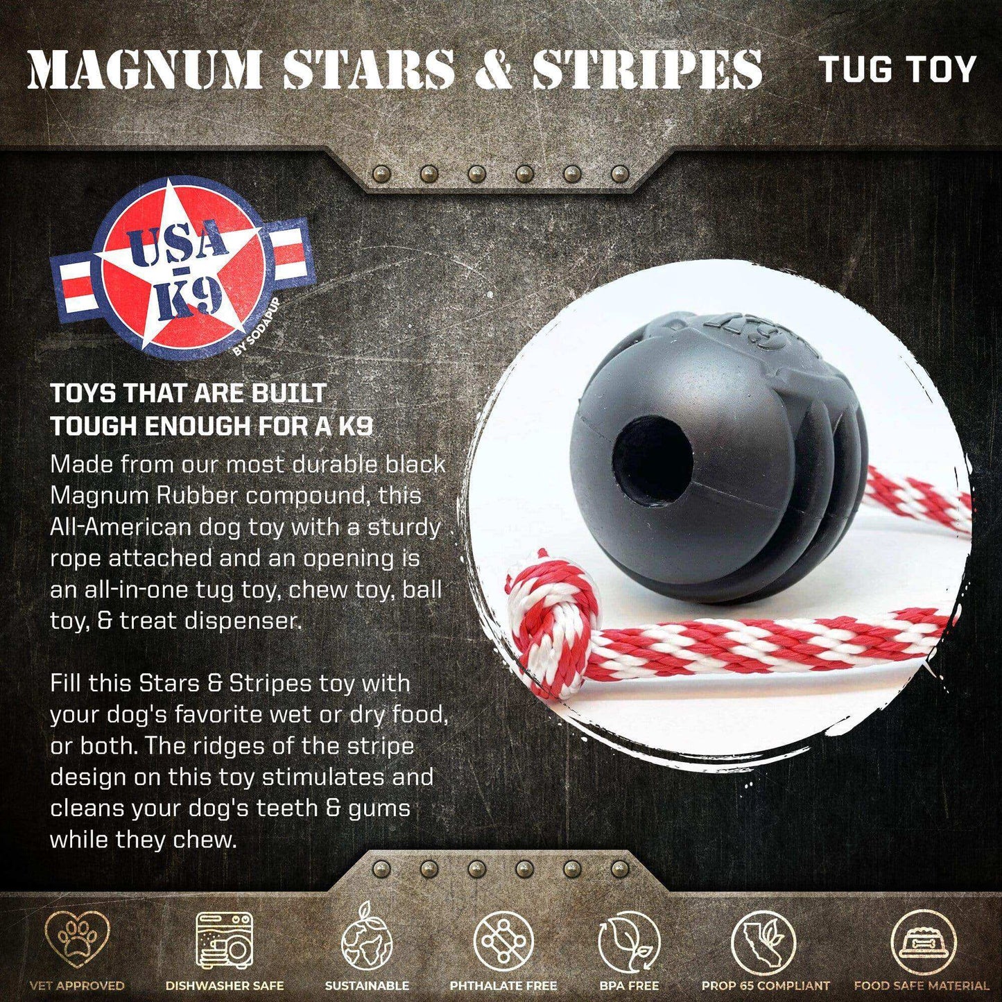 USA-K9 Magnum Black Stars and Stripes Ultra-Durable Rubber Chew Toy, Reward Toy, Tug Toy, and Retrieving Toy - Black - Skoutley Outdoors LLC