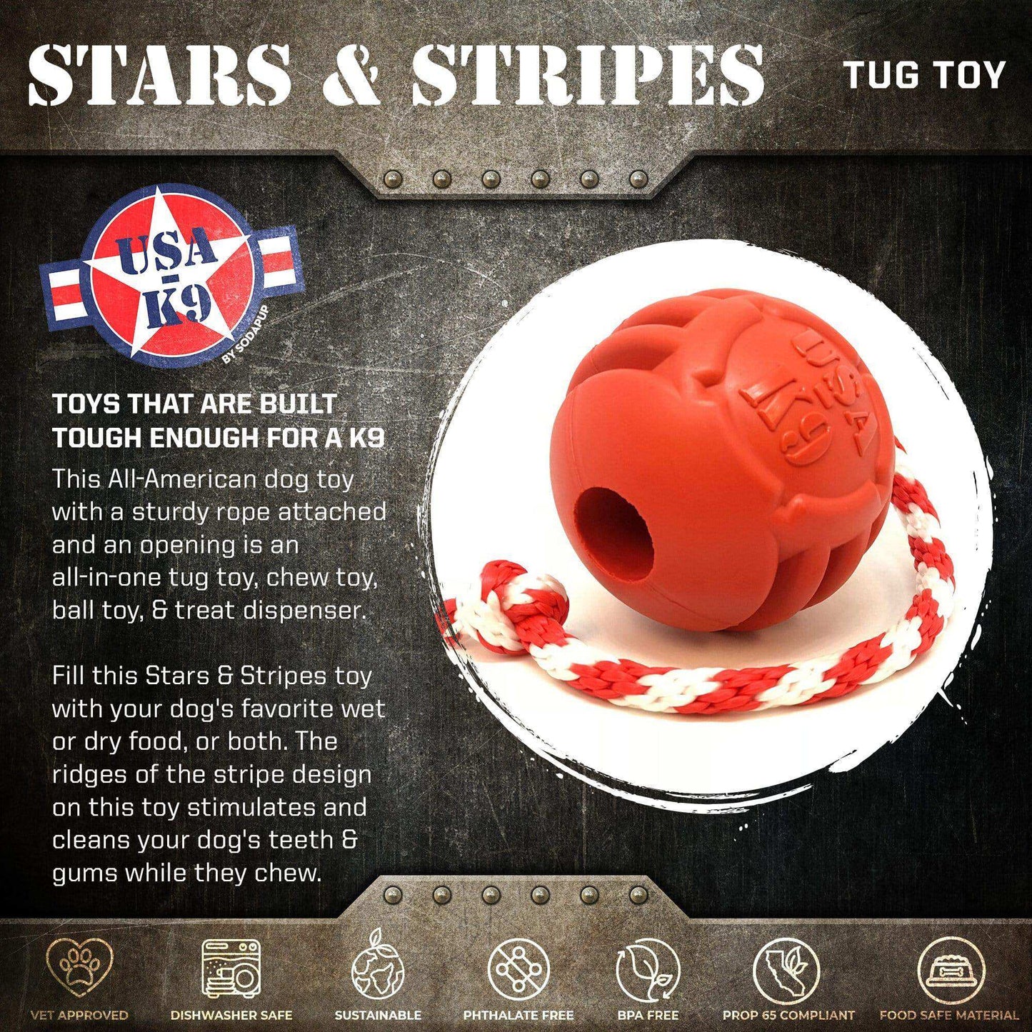 USA-K9 Stars and Stripes Ultra-Durable Durable Rubber Chew Toy, Reward Toy, Tug Toy, and Retrieving Toy - Red - Skoutley Outdoors LLC