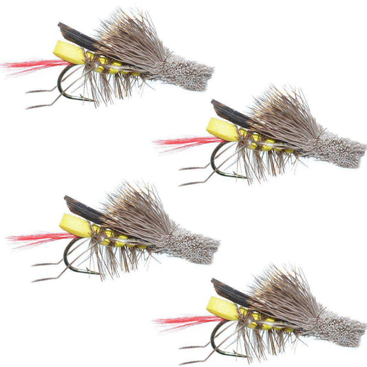 4 Pack Dave's Hopper Yellow Foam Body Grasshopper Fly - Hook Size 10 - Skoutley Outdoors LLC