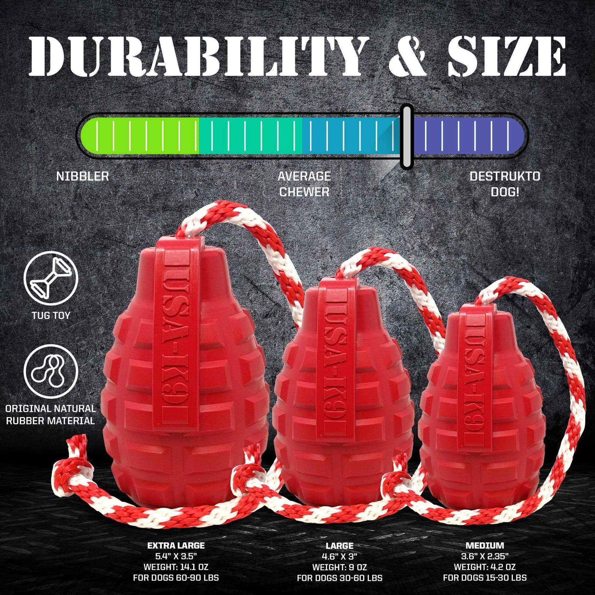 USA-K9 Grenade Durable Rubber Chew Toy, Treat Dispenser, Reward Toy, Tug Toy, and Retrieving Toy - Skoutley Outdoors LLC