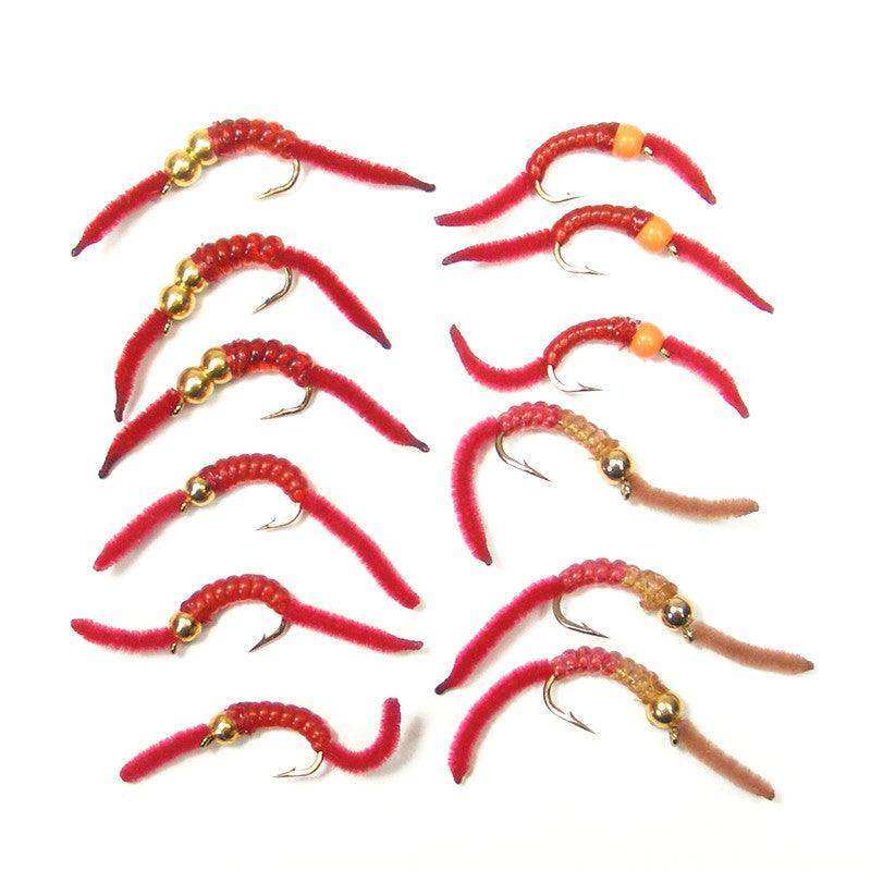 Trout Fly Assortment - San Juan Worm Power Bead 1 Dozen Wet Nymph Fly Fishing Flies - Hook Size 10 - 3 Each of 4 Patterns - Skoutley Outdoors LLC