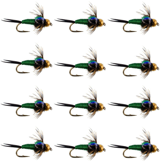 Bead Head Green Copper John Nymph Fly Fishing Flies - 1 Dozen Flies Hook Size 12 - Skoutley Outdoors LLC