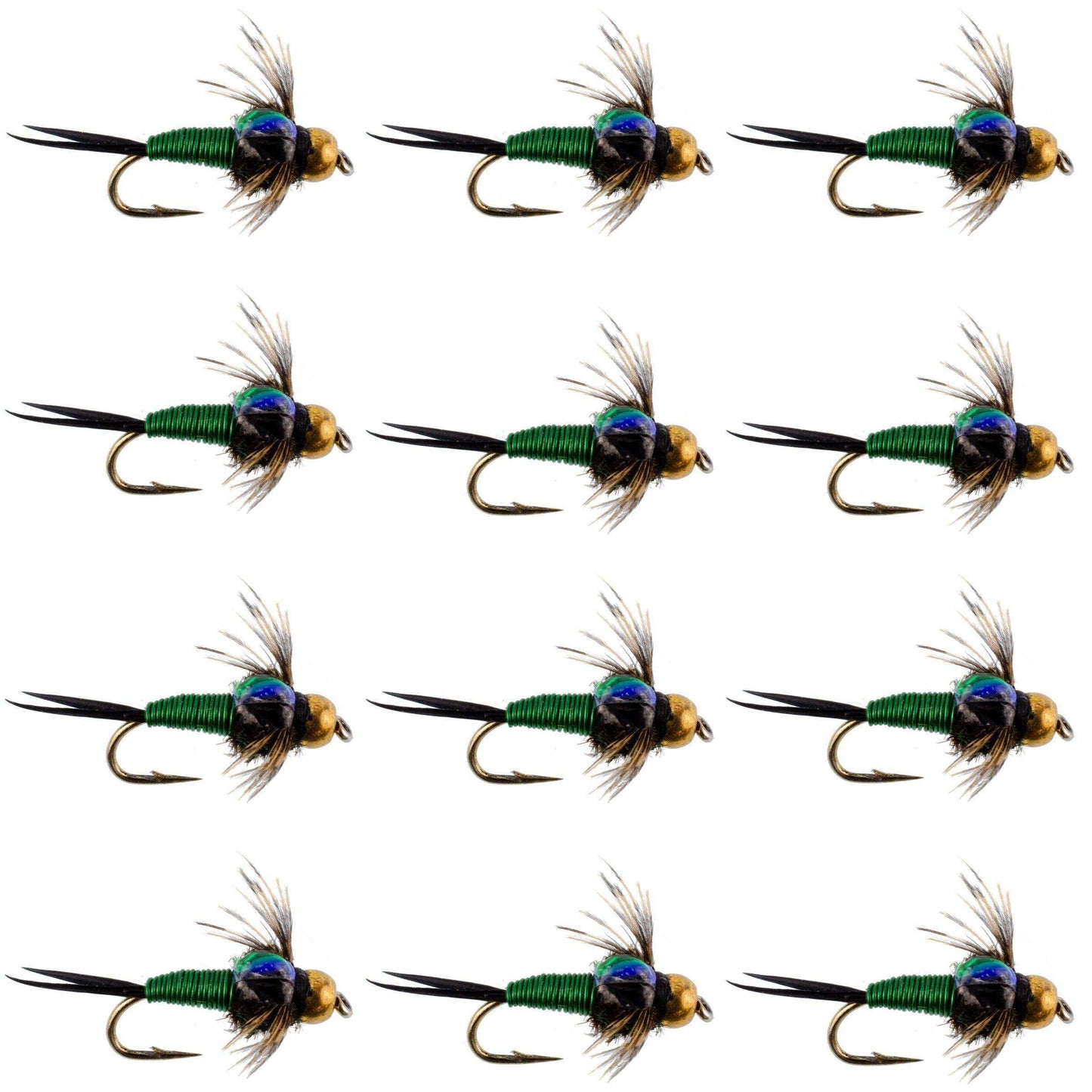 Bead Head Green Copper John Nymph Fly Fishing Flies - 1 Dozen Flies Hook Size 18 - Skoutley Outdoors LLC