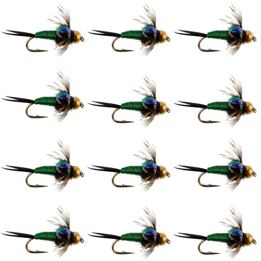 Bead Head Green Copper John Nymph Fly Fishing Flies - 1 Dozen Flies Hook Size 16 - Skoutley Outdoors LLC