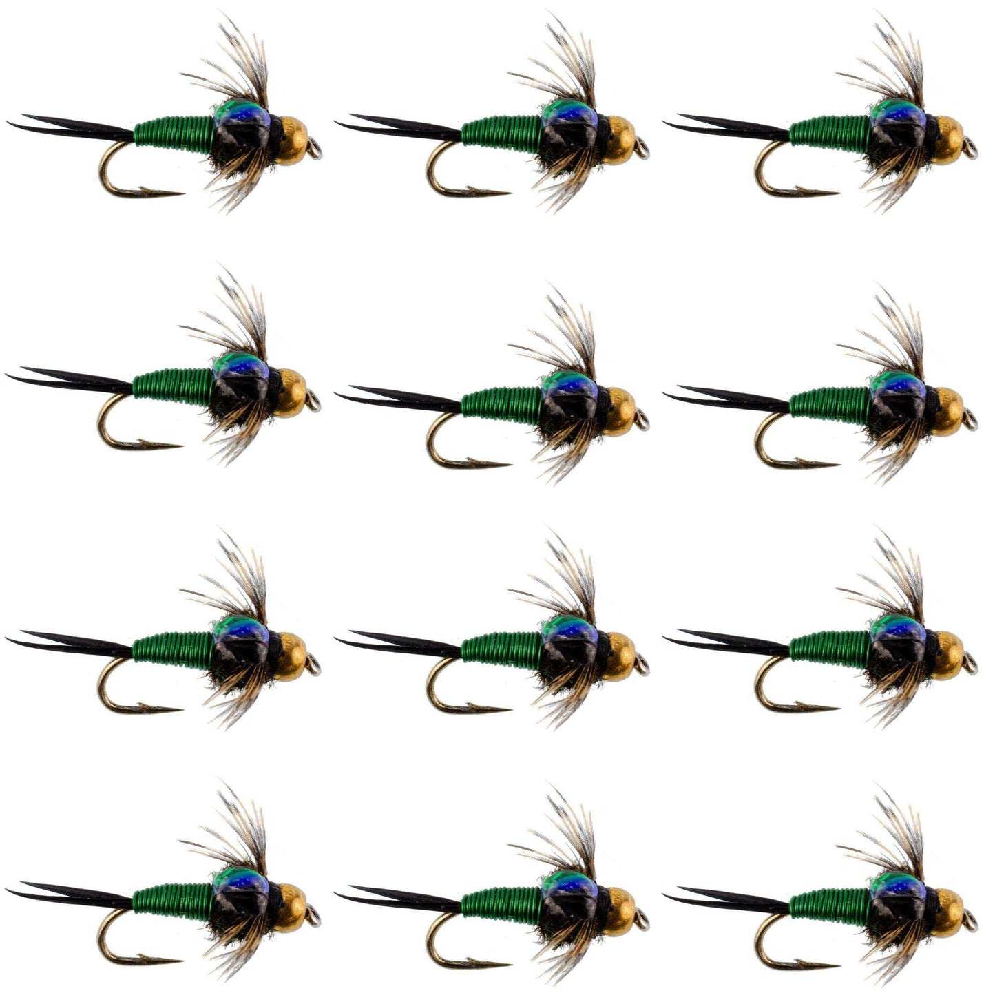 Bead Head Green Copper John Nymph Fly Fishing Flies - 1 Dozen Flies Hook Size 14 - Skoutley Outdoors LLC