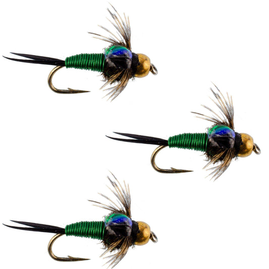 3 Pack Bead Head Green Copper John Nymph Fly Fishing Flies - Hook Size 18 - Skoutley Outdoors LLC