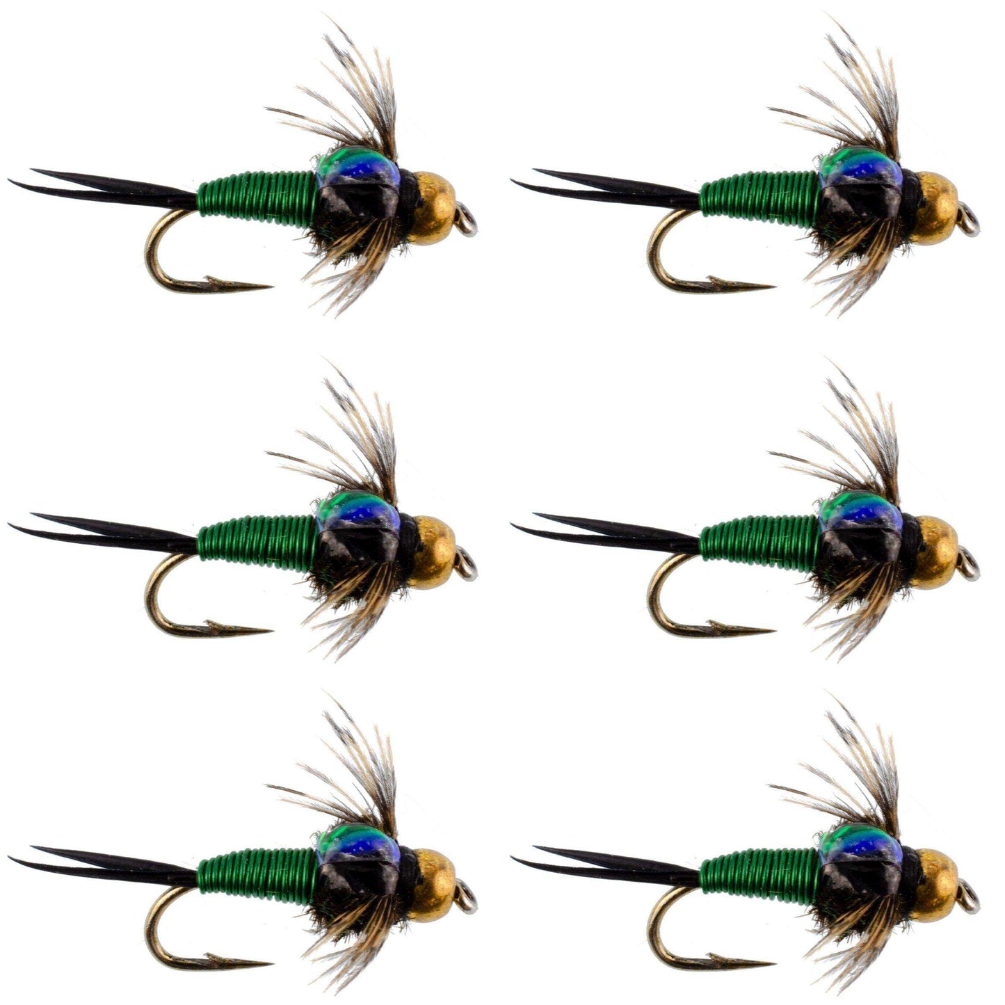 Bead Head Green Copper John Nymph Fly Fishing Flies - Set of 6 Flies Hook Size 14 - Skoutley Outdoors LLC