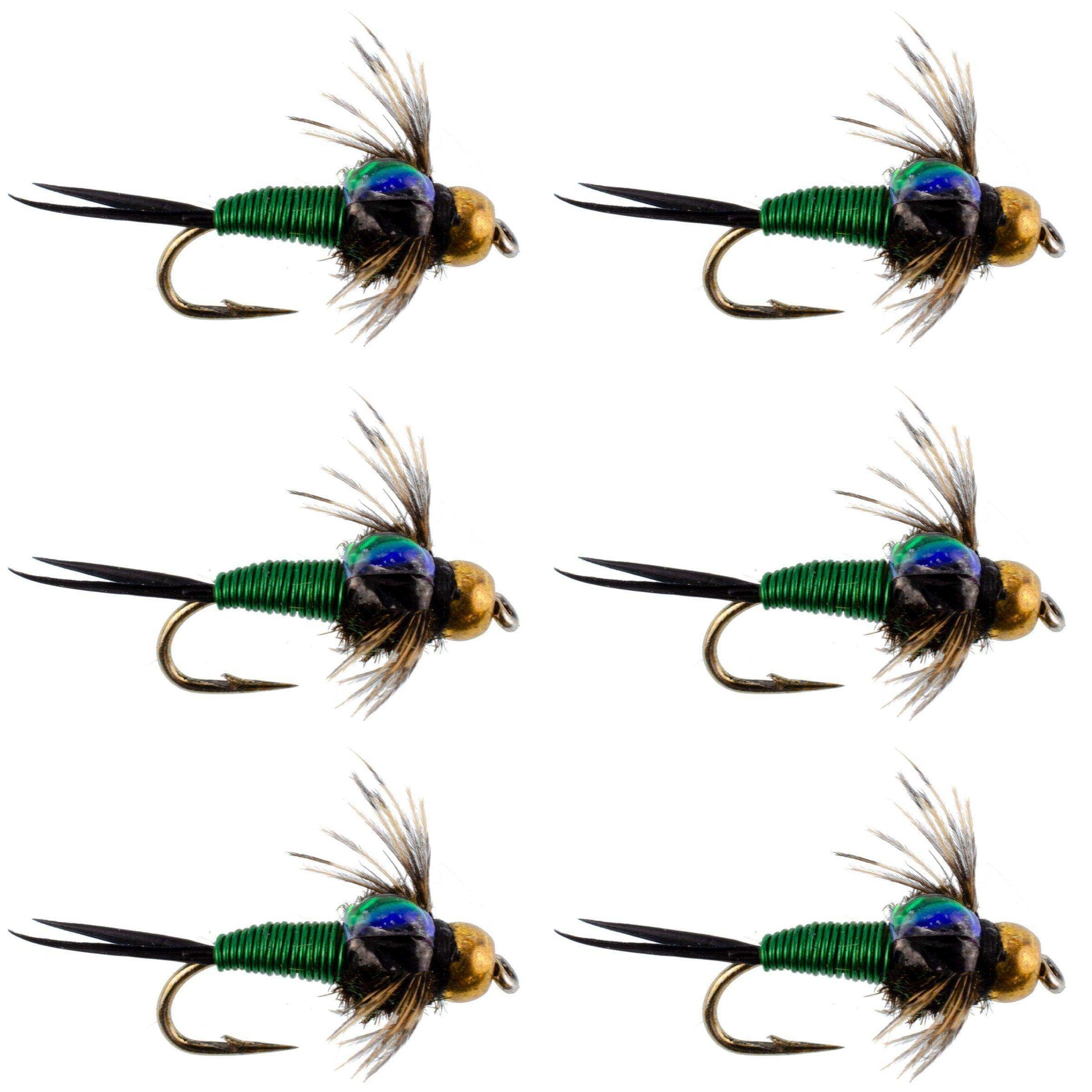 Bead Head Green Copper John Nymph Fly Fishing Flies - Set of 6 Flies Hook Size 14 - Skoutley Outdoors LLC