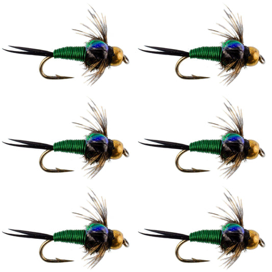 Bead Head Green Copper John Nymph Fly Fishing Flies - Set of 6 Flies Hook Size 14 - Skoutley Outdoors LLC