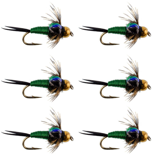 Bead Head Green Copper John Nymph Fly Fishing Flies - Set of 6 Flies Hook Size 18 - Skoutley Outdoors LLC