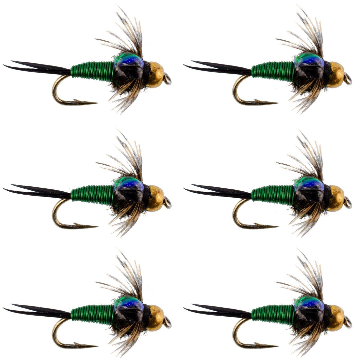 Bead Head Green Copper John Nymph Fly Fishing Flies - Set of 6 Flies Hook Size 16 - Skoutley Outdoors LLC