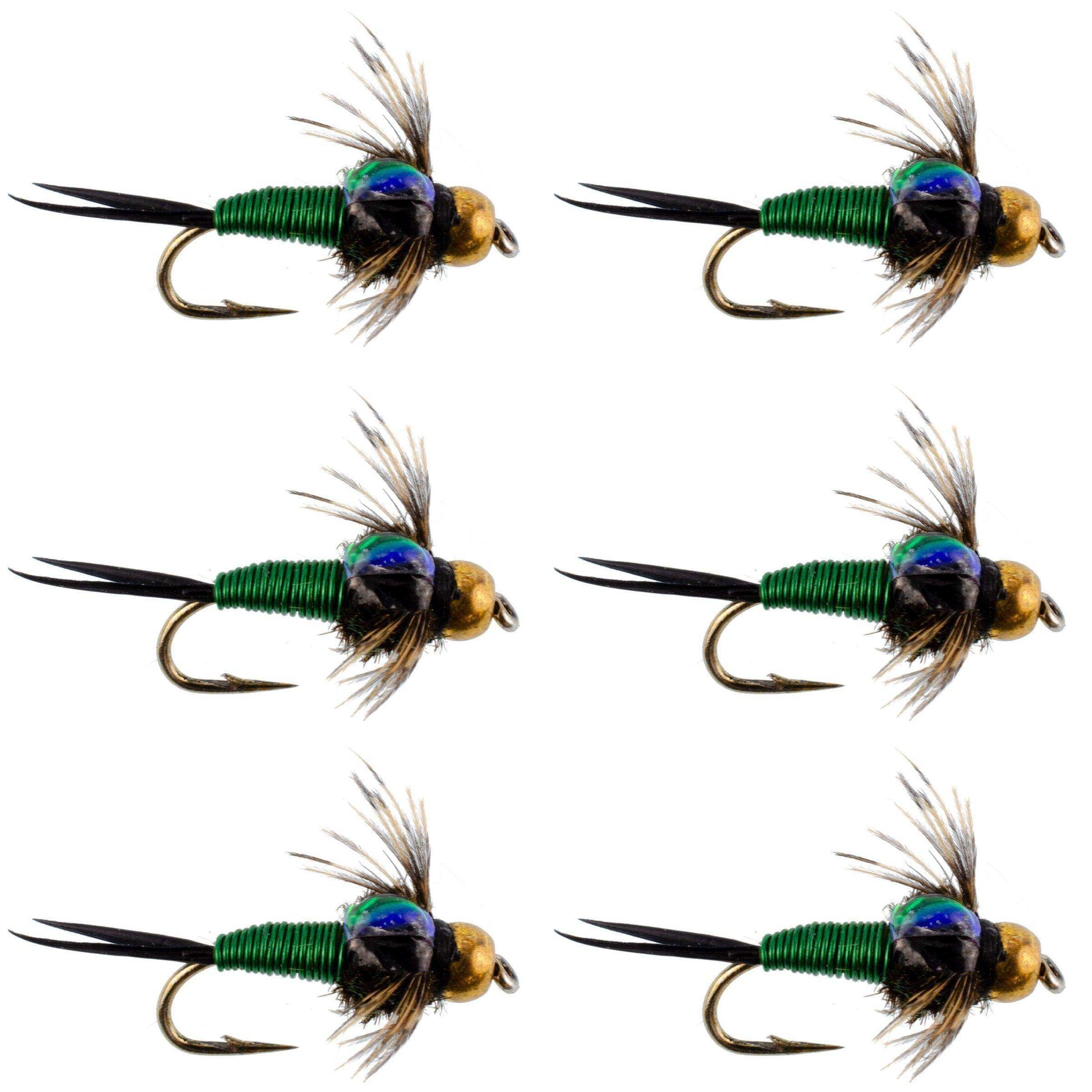 Bead Head Green Copper John Nymph Fly Fishing Flies - Set of 6 Flies Hook Size 16 - Skoutley Outdoors LLC