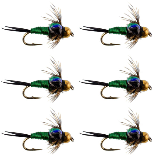 Bead Head Green Copper John Nymph Fly Fishing Flies - Set of 6 Flies Hook Size 16 - Skoutley Outdoors LLC