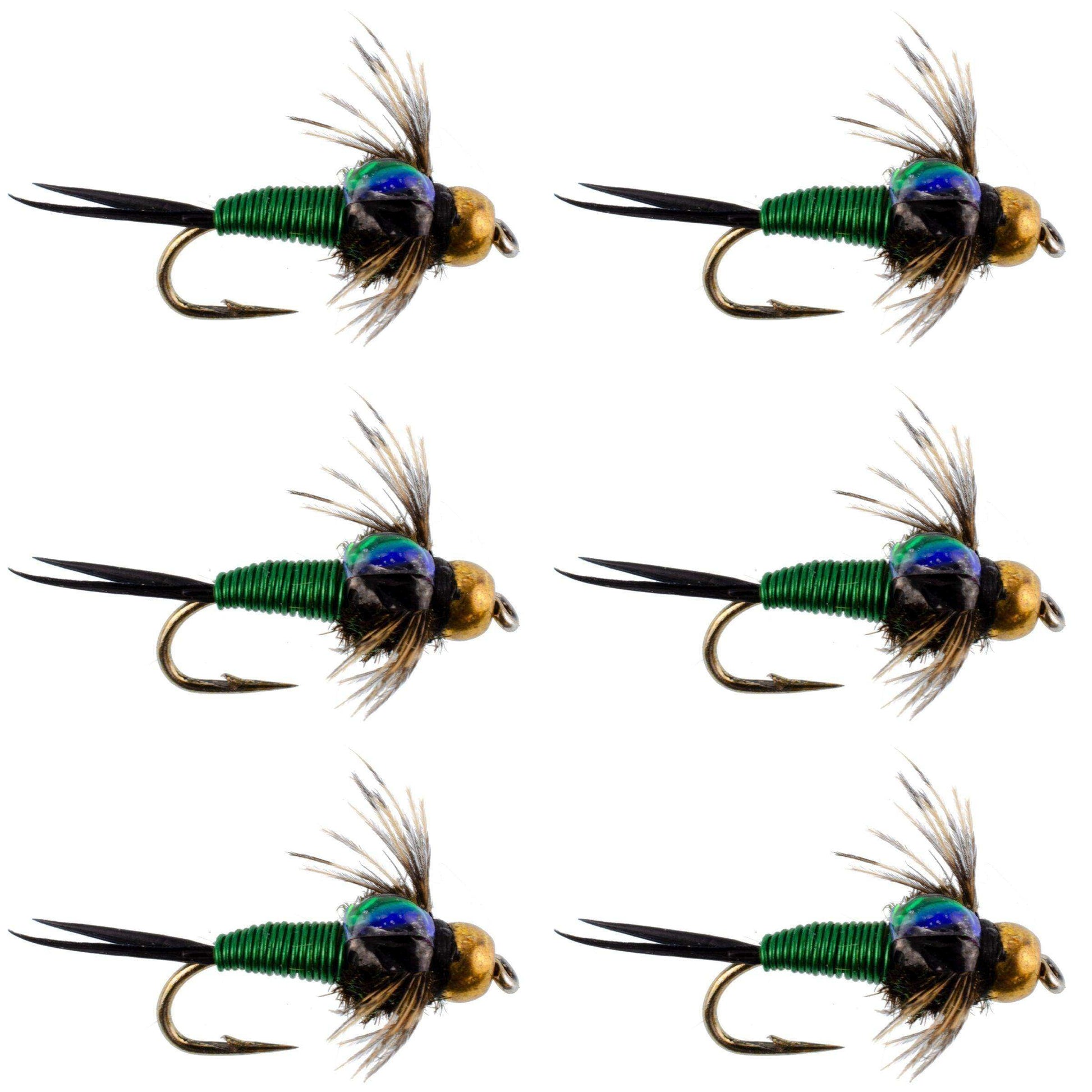 Bead Head Green Copper John Nymph Fly Fishing Flies - Set of 6 Flies Hook Size 12 - Skoutley Outdoors LLC