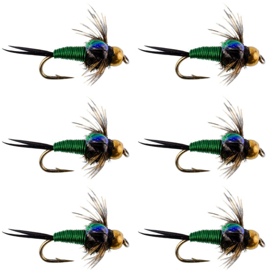 Bead Head Green Copper John Nymph Fly Fishing Flies - Set of 6 Flies Hook Size 12 - Skoutley Outdoors LLC