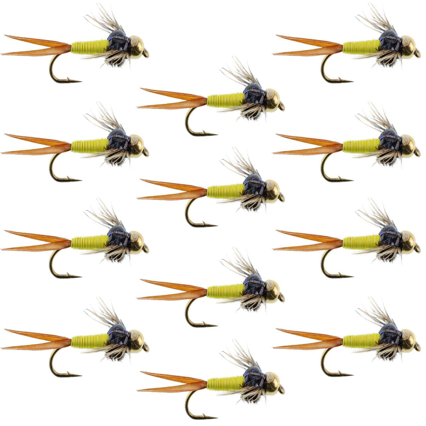 Bead Head Hot Yellow Copper John Nymph 1 Dozen Fly Fishing Flies - Hook Size 10 - Skoutley Outdoors LLC