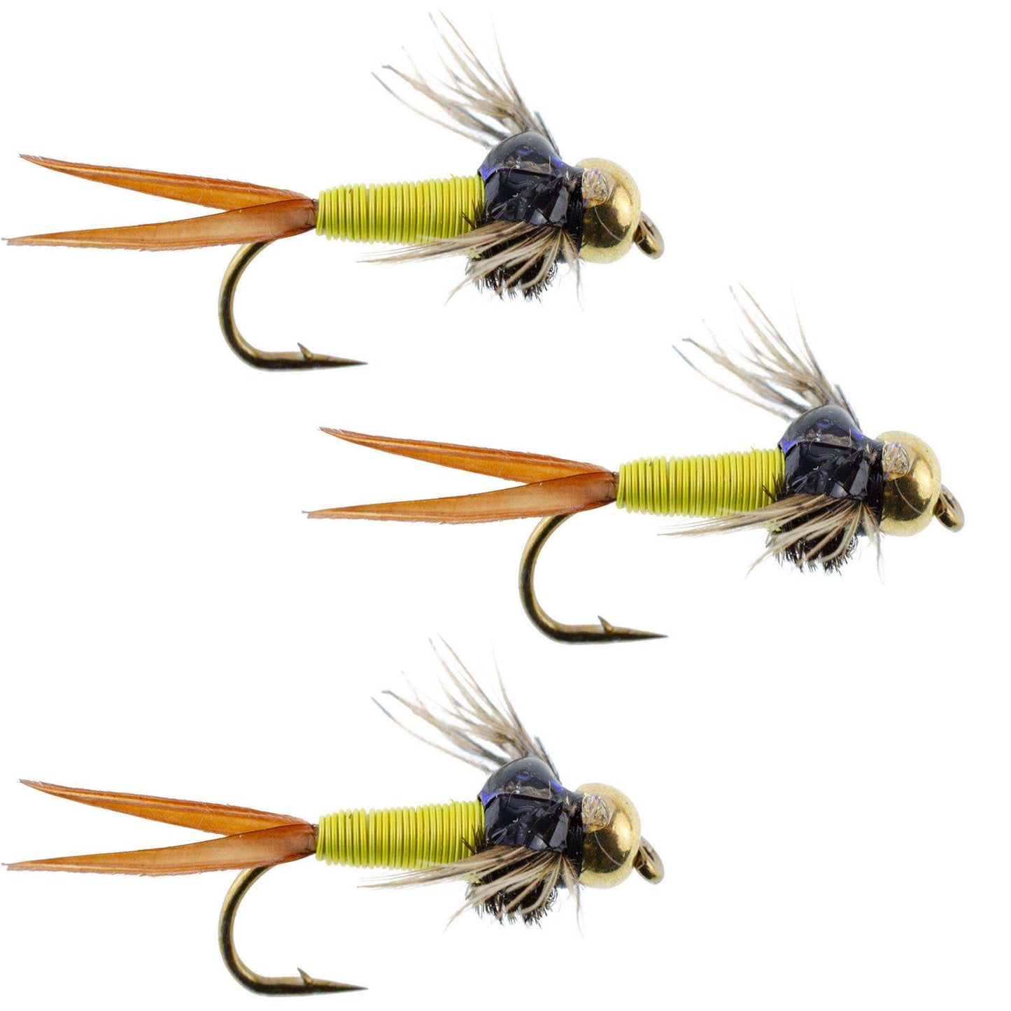 3 Pack Bead Head Hot Yellow Copper John Nymph - Fly Fishing Flies - Hook Size 14 - Skoutley Outdoors LLC