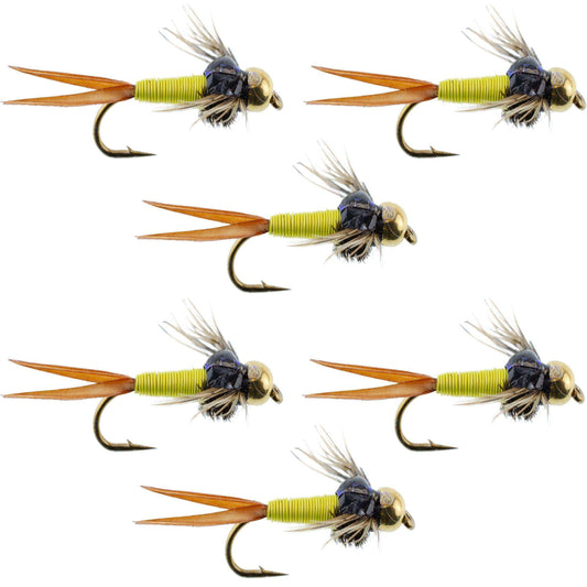 Bead Head Hot Yellow Copper John Nymph - 6 Fly Fishing Flies - Hook Size 14 - Skoutley Outdoors LLC