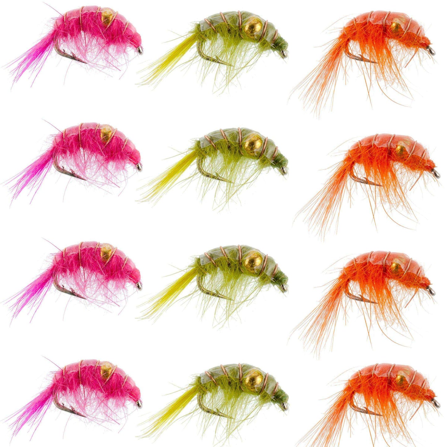 Beaded Shrimp Scud Assortment - 1 Dozen - 4 Each of 3 Patterns Size 12 - Tailwater Lake Fly Fishing Flies Collection - Skoutley Outdoors LLC