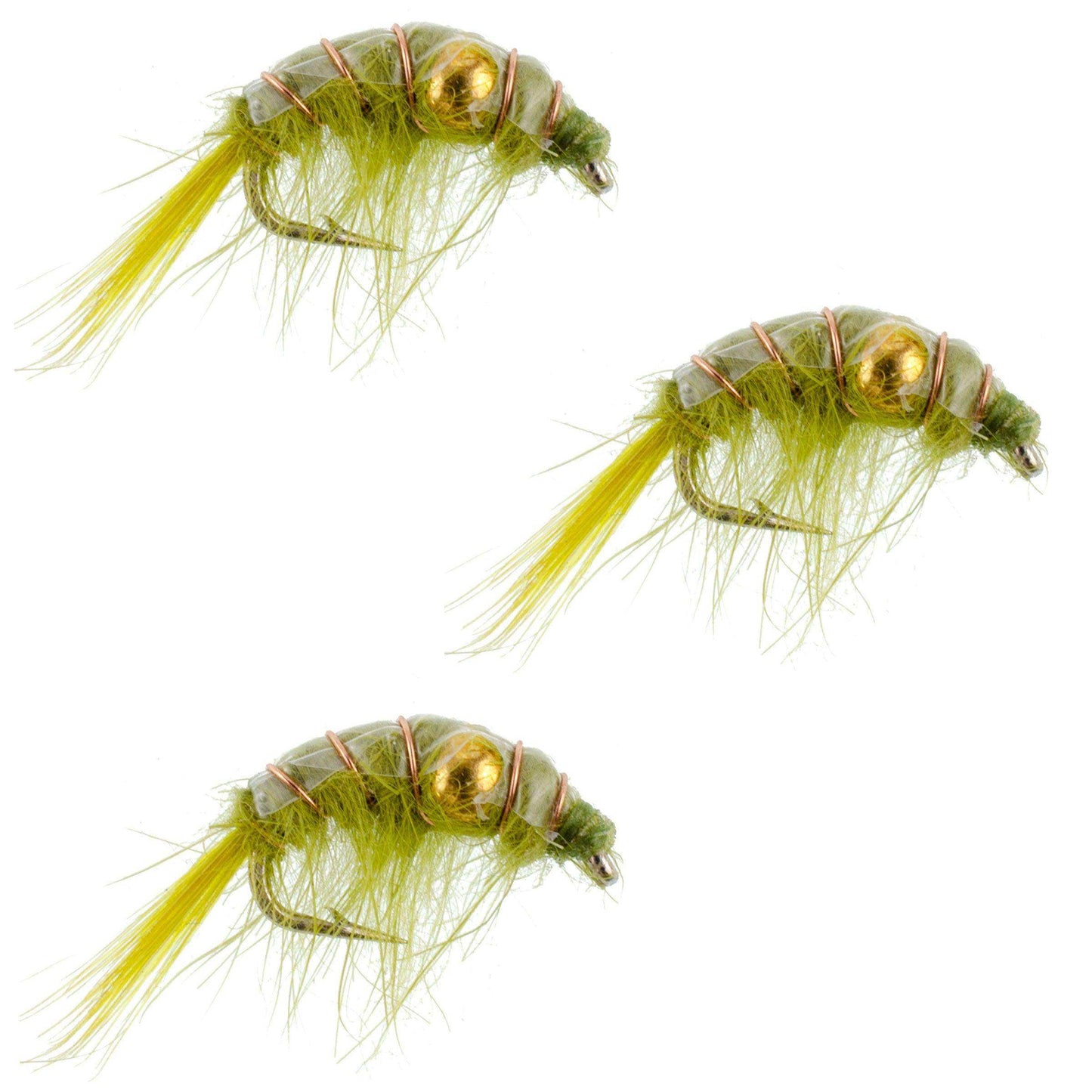 3 Pack Olive Beaded Shrimp Scud Pattern - Size 12 - Tailwater Lake Fly Fishing Nymph Flies - Skoutley Outdoors LLC