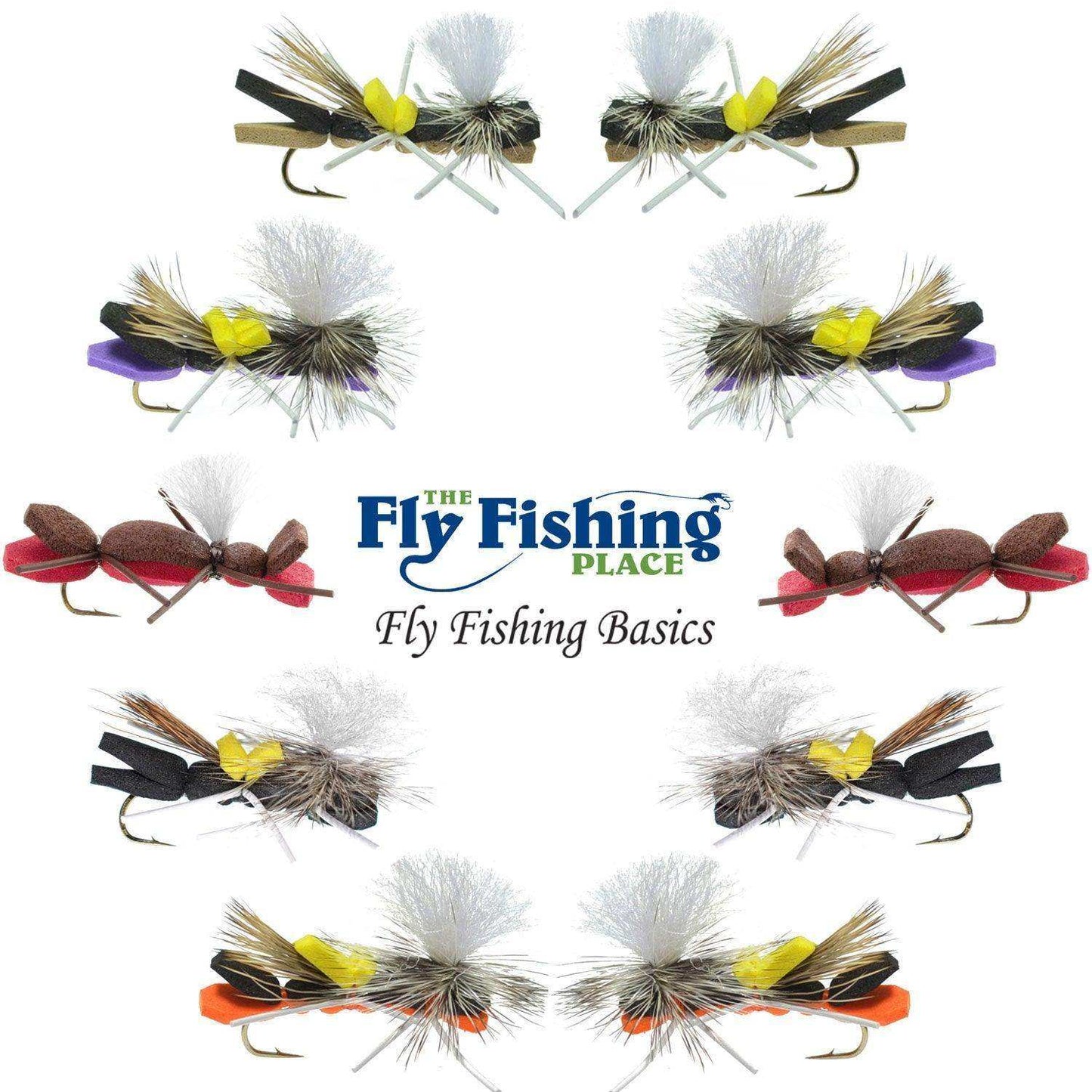 Basics Collection - Parachute Chernobyl Ant Foam Dry Fly Assortment - 10 Dry Fishing Grasshopper Dropper Flies - 5 Patterns - Hook Size 10 - Skoutley Outdoors LLC