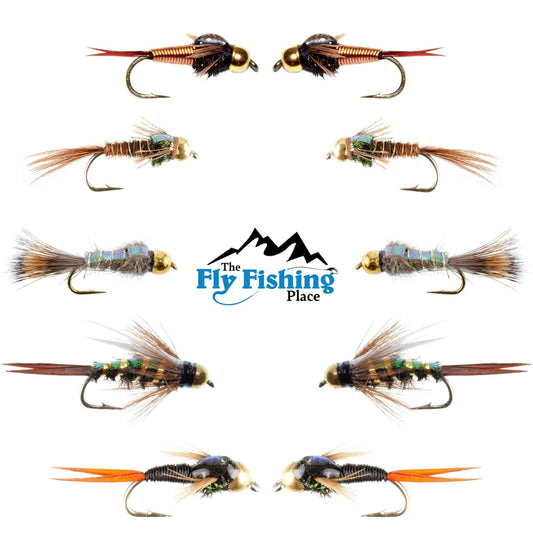 Basics Collection - Copper John and Flash Back Bead Head Nymph Assortment - 10 Wet Flies - 5 Patterns - Hook Sizes 10, 12, 14, 16 - Skoutley Outdoors LLC