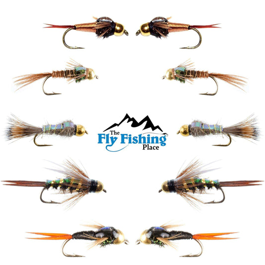 Basics Collection - Flash Back Tungsten Bead Head Nymph Assortment - 10 Wet Flies - 5 Patterns - Hook Sizes 10, 12, 14, 16 - Skoutley Outdoors LLC