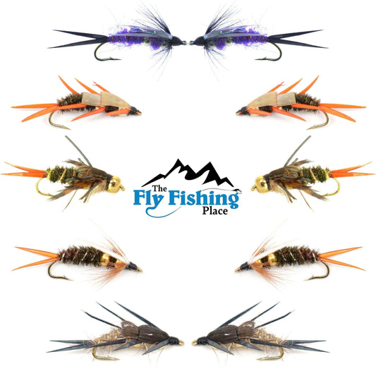 Basics Collection - Double Bead Head Nymph Assortment - 10 Wet Flies - 5 Patterns - Hook Size 8 - Skoutley Outdoors LLC