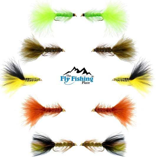 Basics Collection - Crystal Woolly Bugger Assortment - 10 Bead Head Wet Flies - 5 Patterns - Hook Size 4 - Skoutley Outdoors LLC