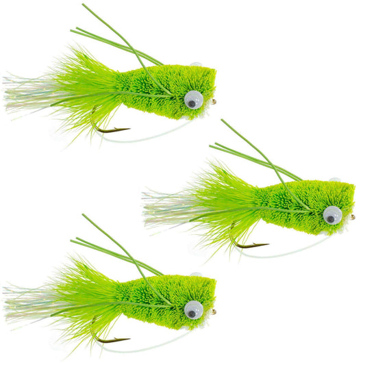 3 Pack Flashtail Bass Popper Size 6 - Chartreuse Bass Fly Fishing Bug Wide Gape Bass Hooks With Weed Guard - Skoutley Outdoors LLC