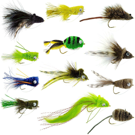 Bass Bug Collection - Set of 12 Bass Fly Fishing Flies - Surface Poppers Frog, Rat, Mouse and Divers - Hook Sizes 2,4, 6 and 8 - Skoutley Outdoors LLC