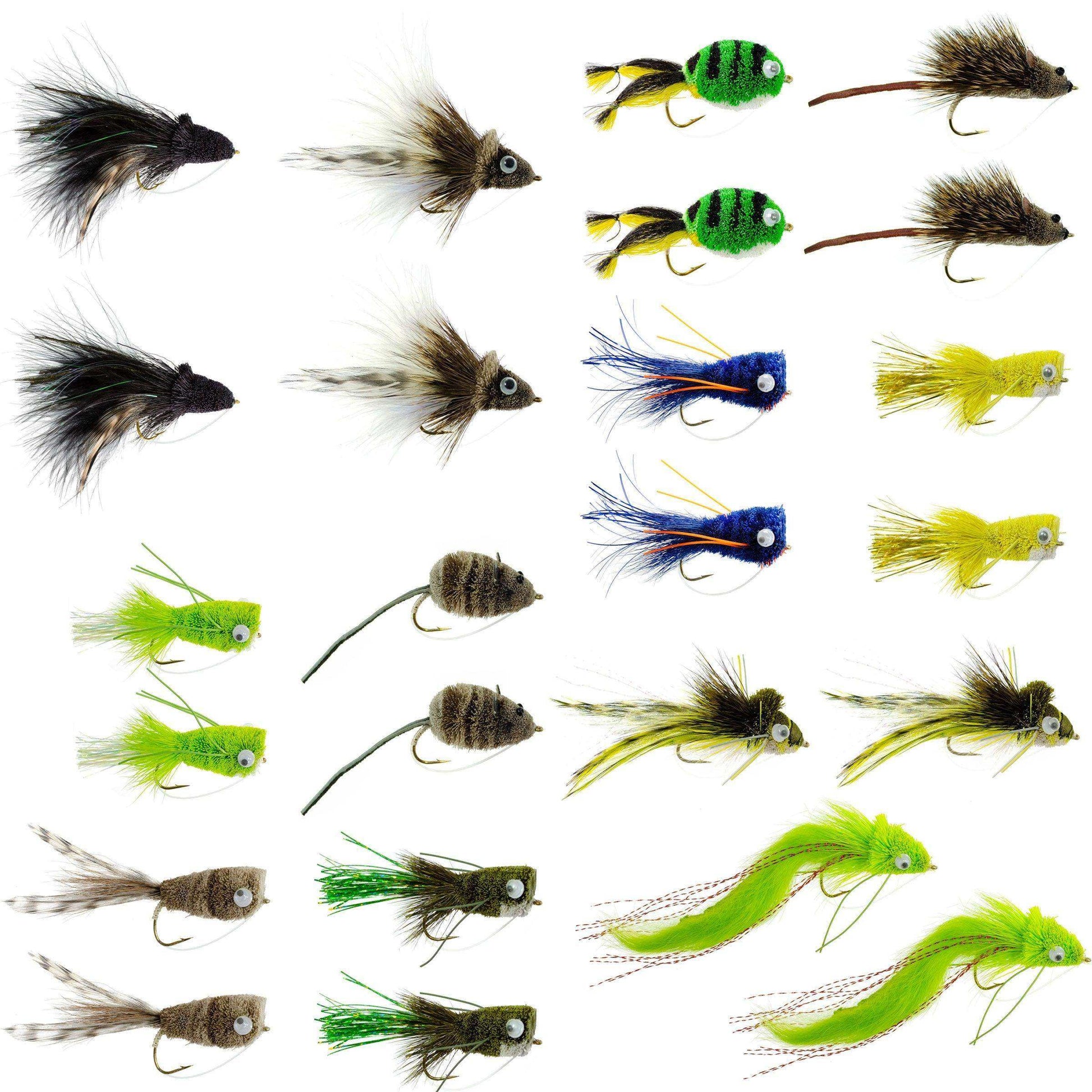 Bass Bug Collection - Set of 24 Bass Fly Fishing Flies - Surface Poppers Frog, Rat, Mouse and Divers - Hook Sizes 2,4, 6 and 8 - Skoutley Outdoors LLC