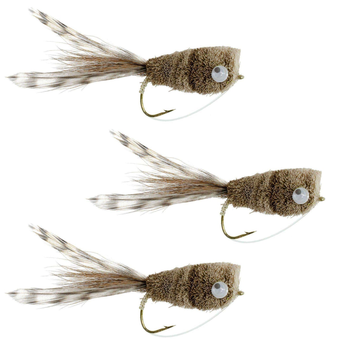 3 Pack Natural Deer Hair and Grizzly Bass Popper Size 8 Bass Fly Fishing Bug Wide Gape Bass Hooks With Weed Guard - Skoutley Outdoors LLC