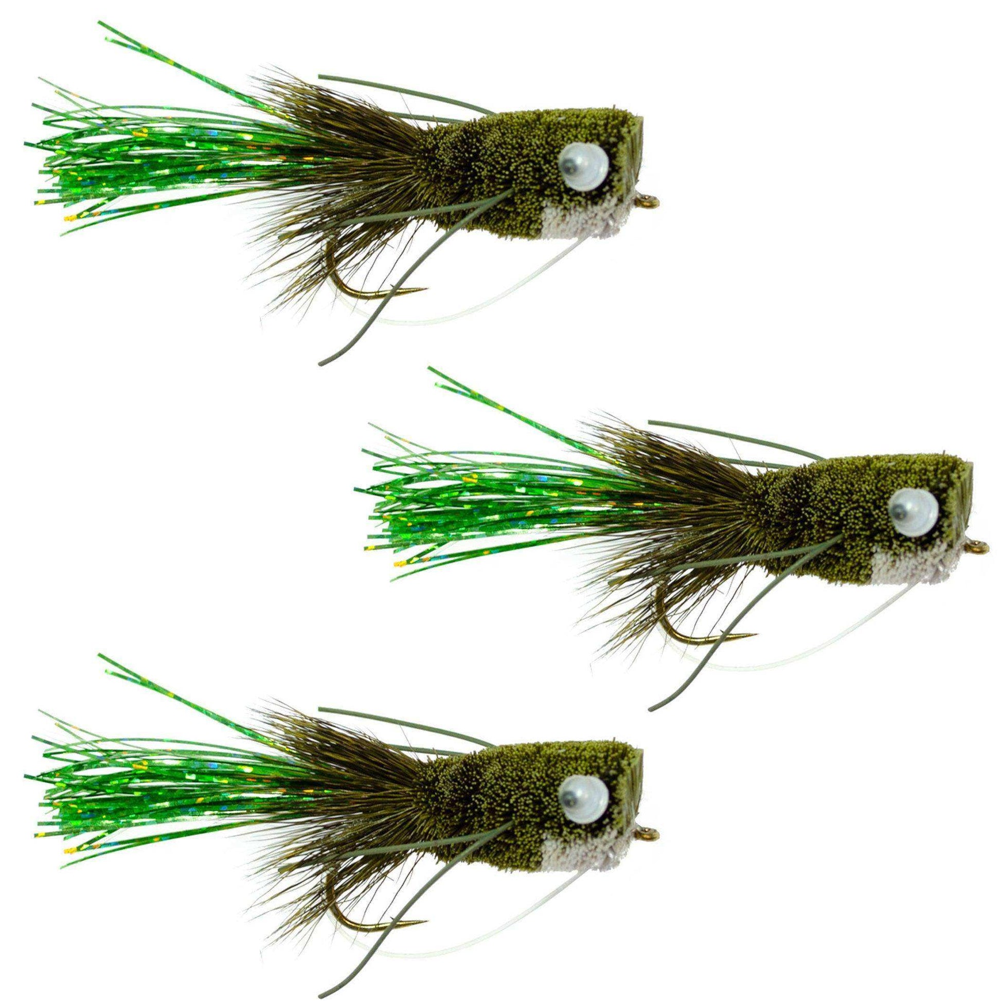 3 Pack Flashtail Bass Popper Size 8 - Olive Bass Fly Fishing Bug Wide Gape Bass Hooks With Weed Guard - Skoutley Outdoors LLC