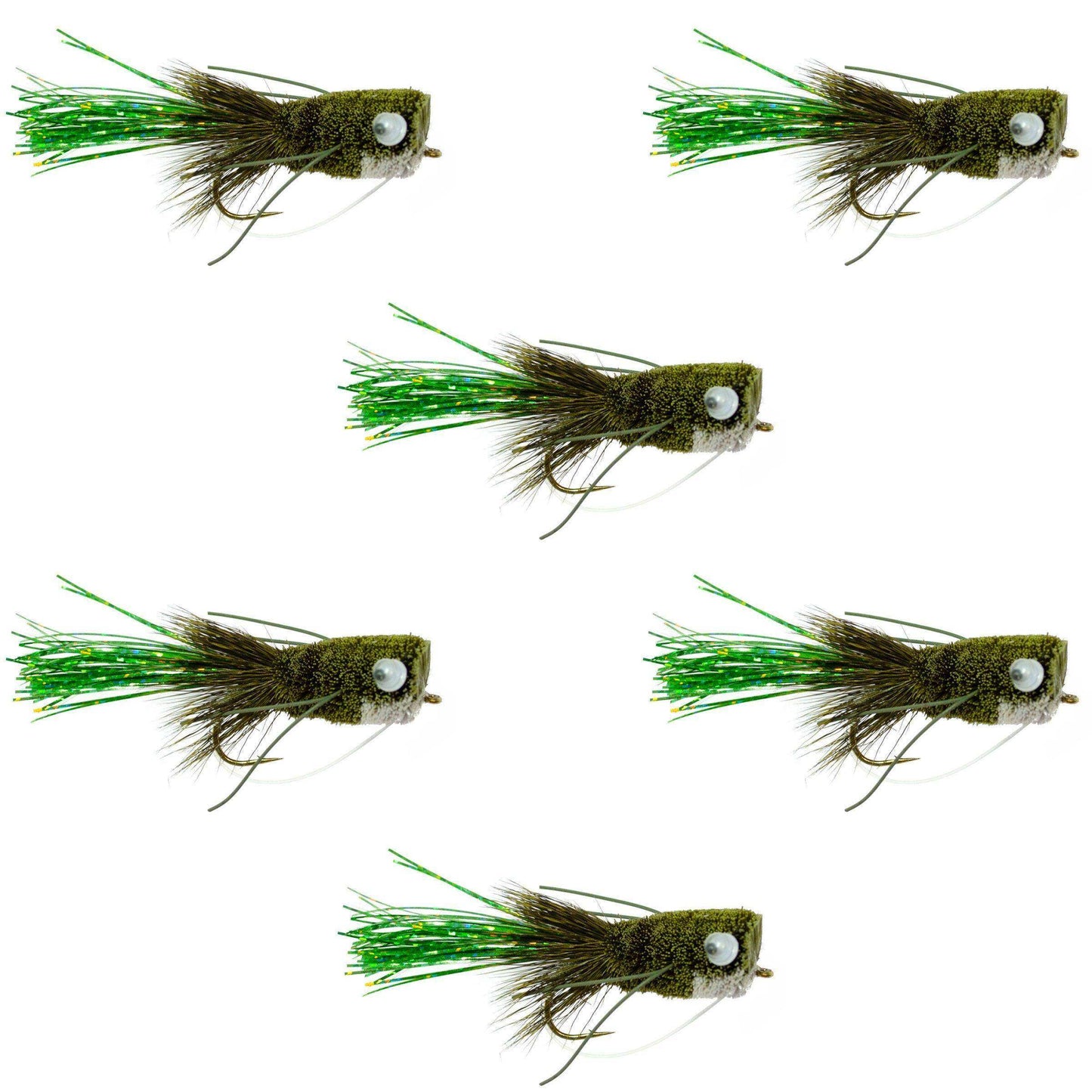 Flashtail Bass Popper 6 Flies Size 8 - Olive Bass Fly Fishing Bug Wide Gape Bass Hooks With Weed Guard - Skoutley Outdoors LLC