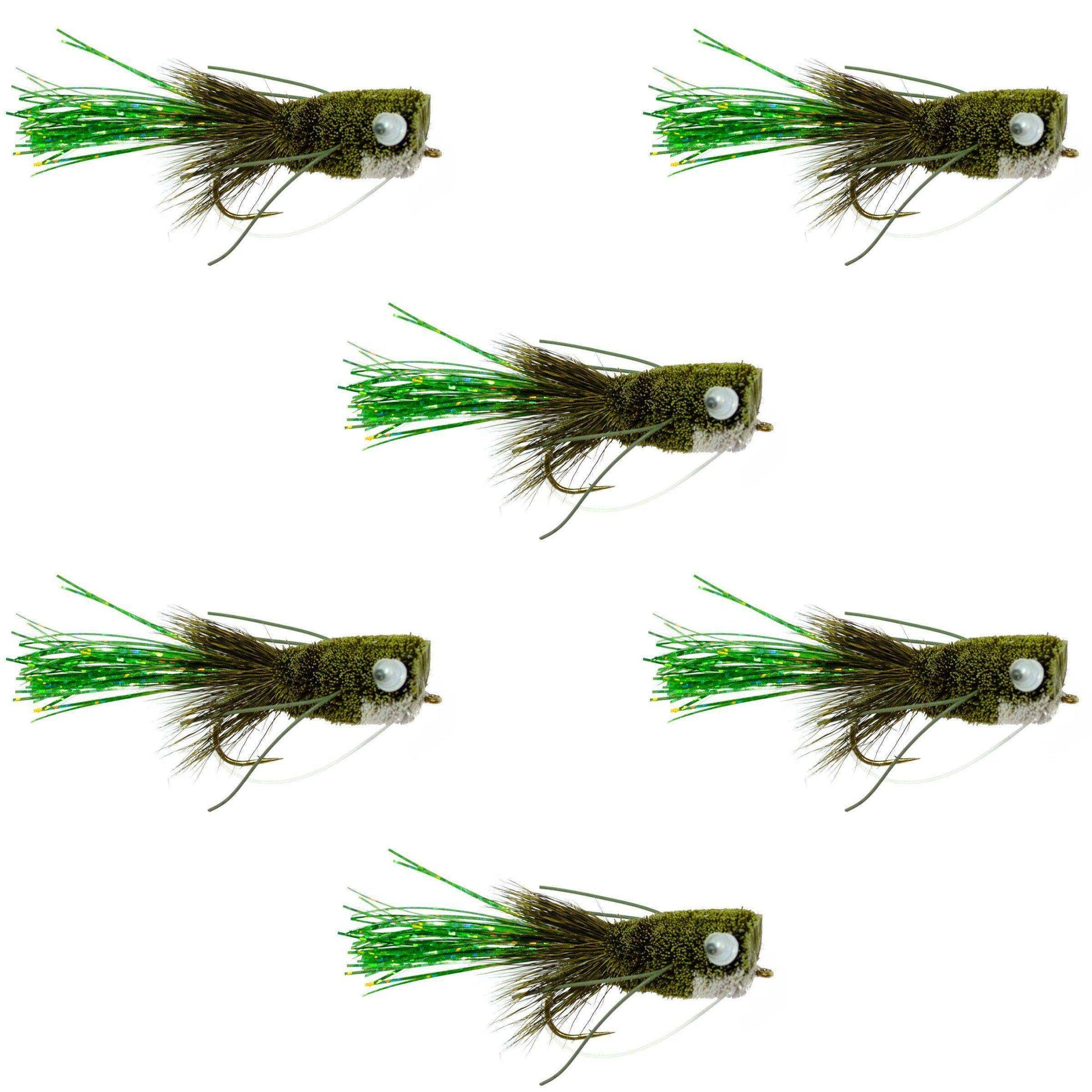 Flashtail Bass Popper 6 Flies Size 8 - Olive Bass Fly Fishing Bug Wide Gape Bass Hooks With Weed Guard - Skoutley Outdoors LLC