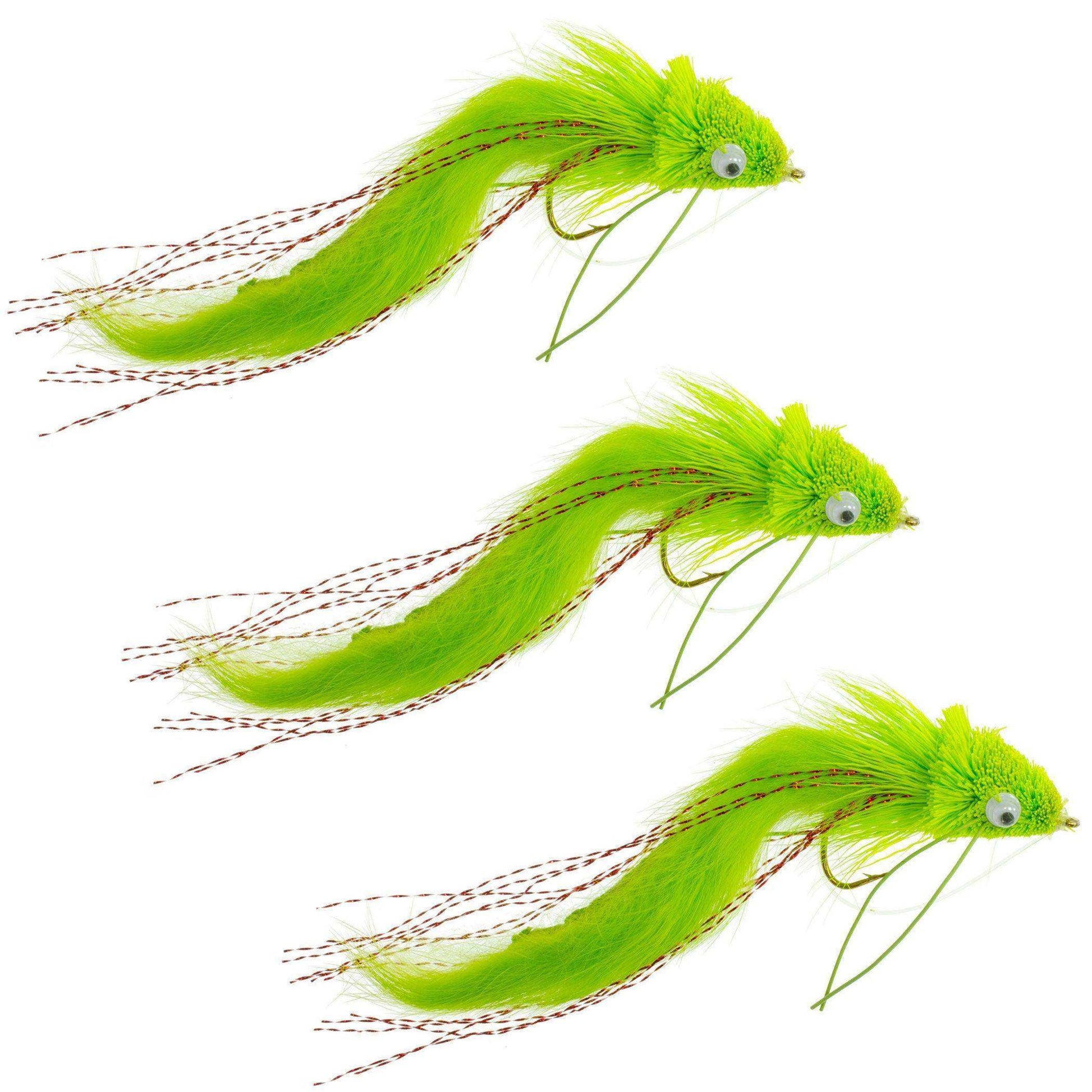 3 Pack Chartreuse Rabbit Strip Deer Hair Diver Size 4 - Bass Fly Fishing Bug Wide Gape Bass Hooks With Weed Guard - Skoutley Outdoors LLC