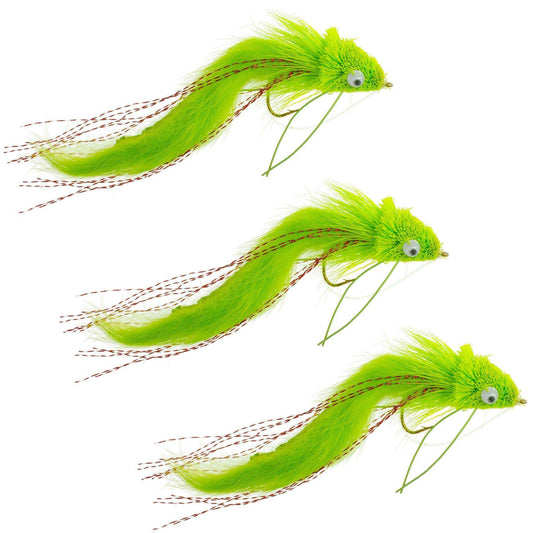 3 Pack Chartreuse Rabbit Strip Deer Hair Diver Size 4 - Bass Fly Fishing Bug Wide Gape Bass Hooks With Weed Guard - Skoutley Outdoors LLC