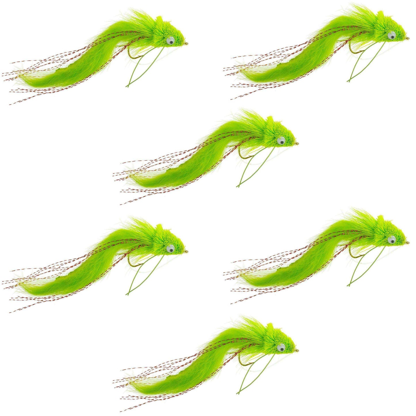 Chartreuse Rabbit Strip Deer Hair Diver 6 Flies Size 4 - Bass Fly Fishing Bug Wide Gape Bass Hooks With Weed Guard - Skoutley Outdoors LLC