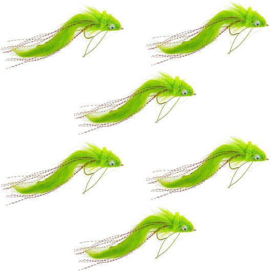 Chartreuse Rabbit Strip Deer Hair Diver 6 Flies Size 4 - Bass Fly Fishing Bug Wide Gape Bass Hooks With Weed Guard - Skoutley Outdoors LLC