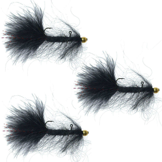 3 Pack Balanced Leech Size 8 - Black Tungsten Bead Head Jig Lake Streamer Wet Fly - Skoutley Outdoors LLC