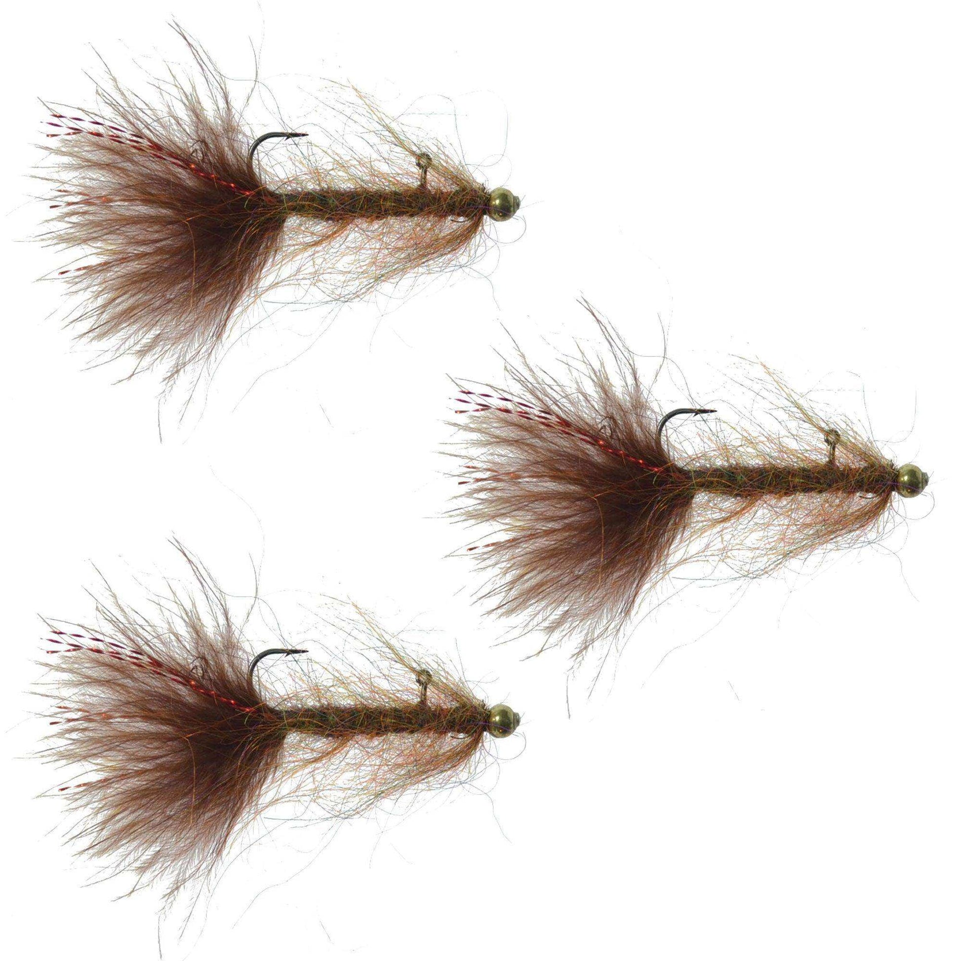 3 Pack Balanced Leech Size 8 - Brown Tungsten Bead Head Jig Lake Streamer Wet Fly - Skoutley Outdoors LLC