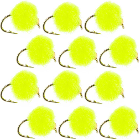 Bead Head Hot Chartreuse Egg Fly Fishing Flies - 1 Dozen Flies Hook Size 16 - Skoutley Outdoors LLC