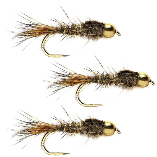 3 Pack Barbless Bead Head Gold Ribbed Hare's Ear Nymph Flies Hook Size 10 - Skoutley Outdoors LLC