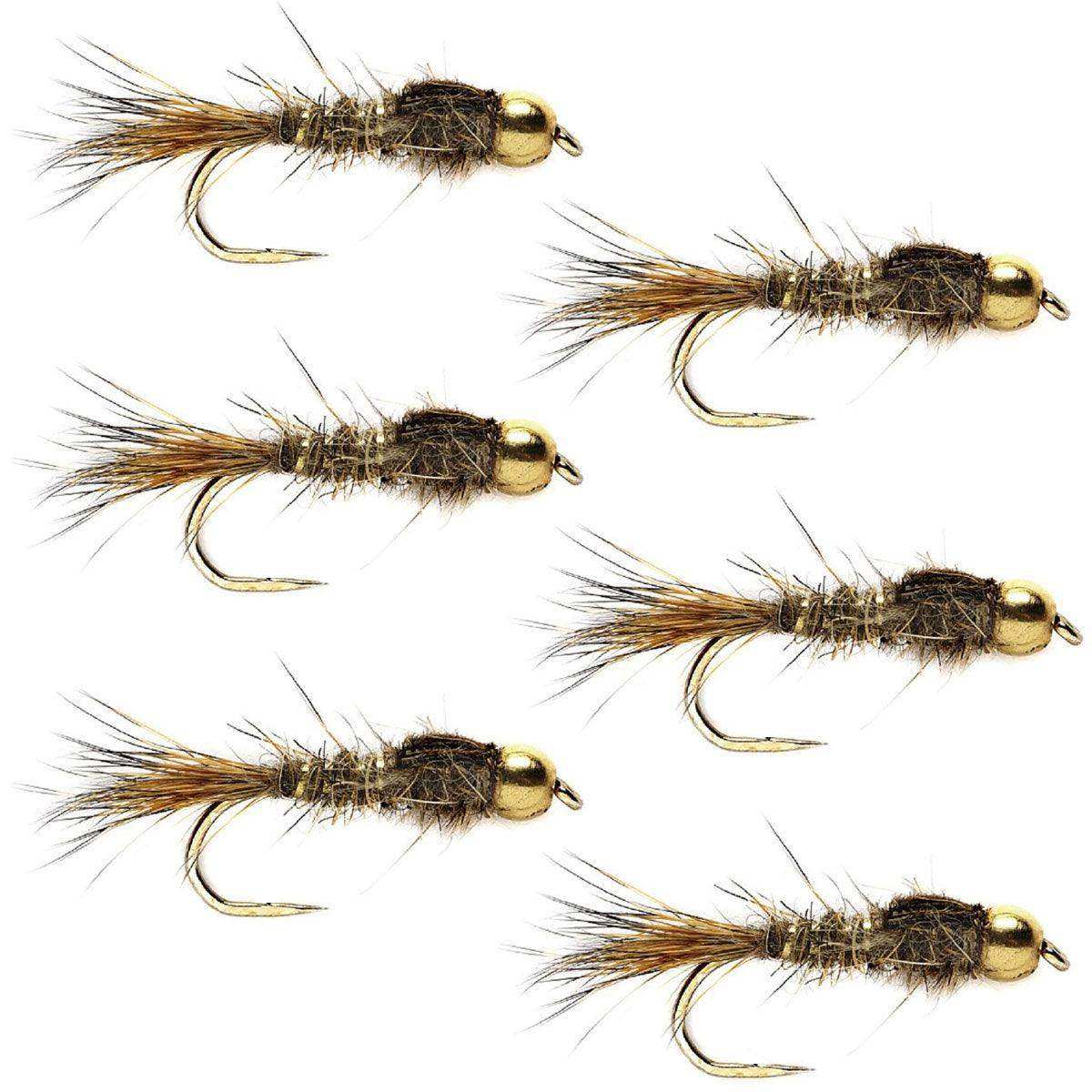 Barbless Bead Head Gold Ribbed Hare's Ear Nymph 6 Flies Hook Size 10 - Skoutley Outdoors LLC