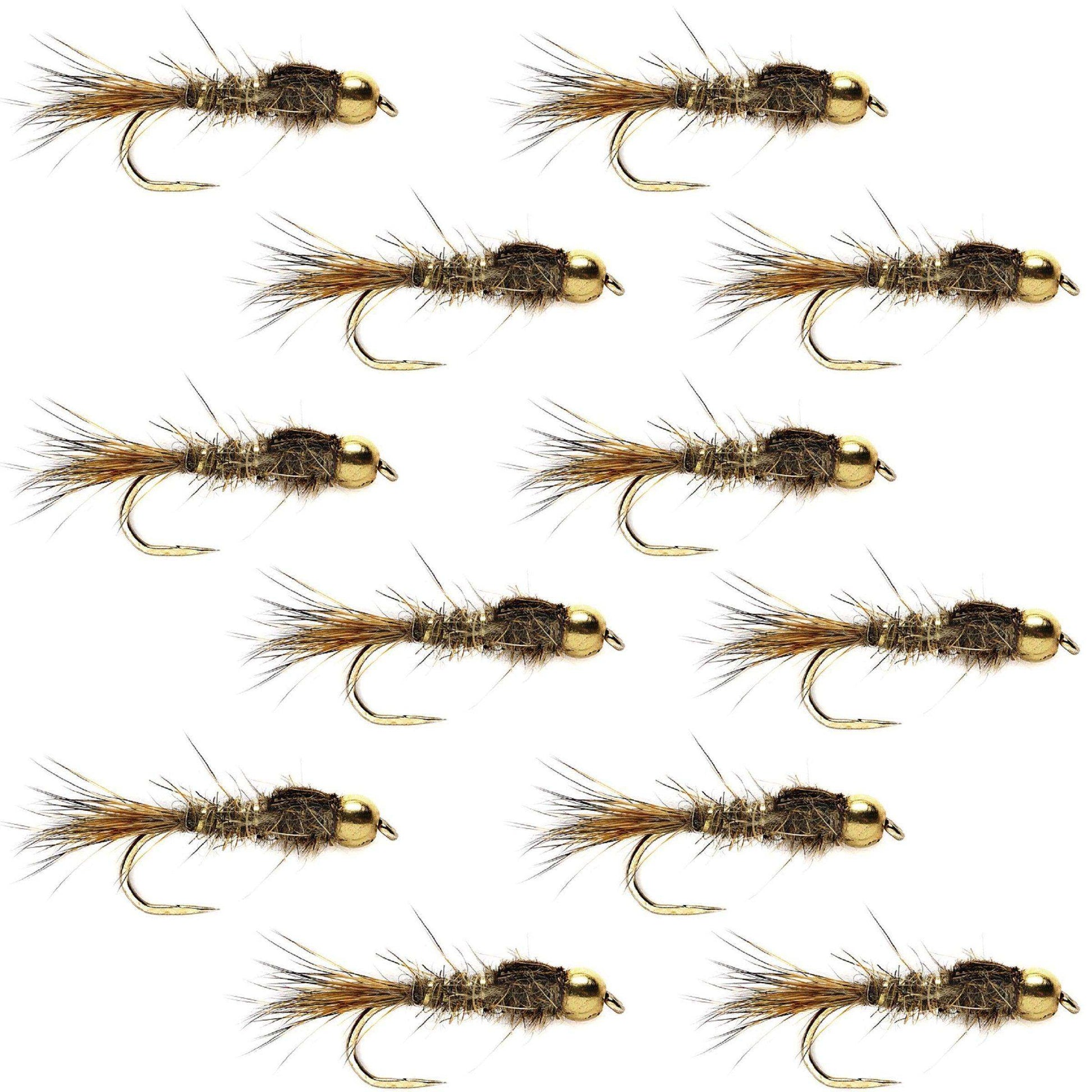 Barbless Bead Head Gold Ribbed Hare's Ear Nymph 1 Dozen Flies Hook Size 16 - Skoutley Outdoors LLC